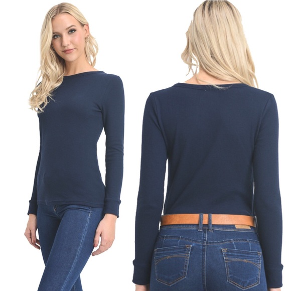 “Nan” Thermal Waffle Knit Shirt in Navy - Picture 3 of 5